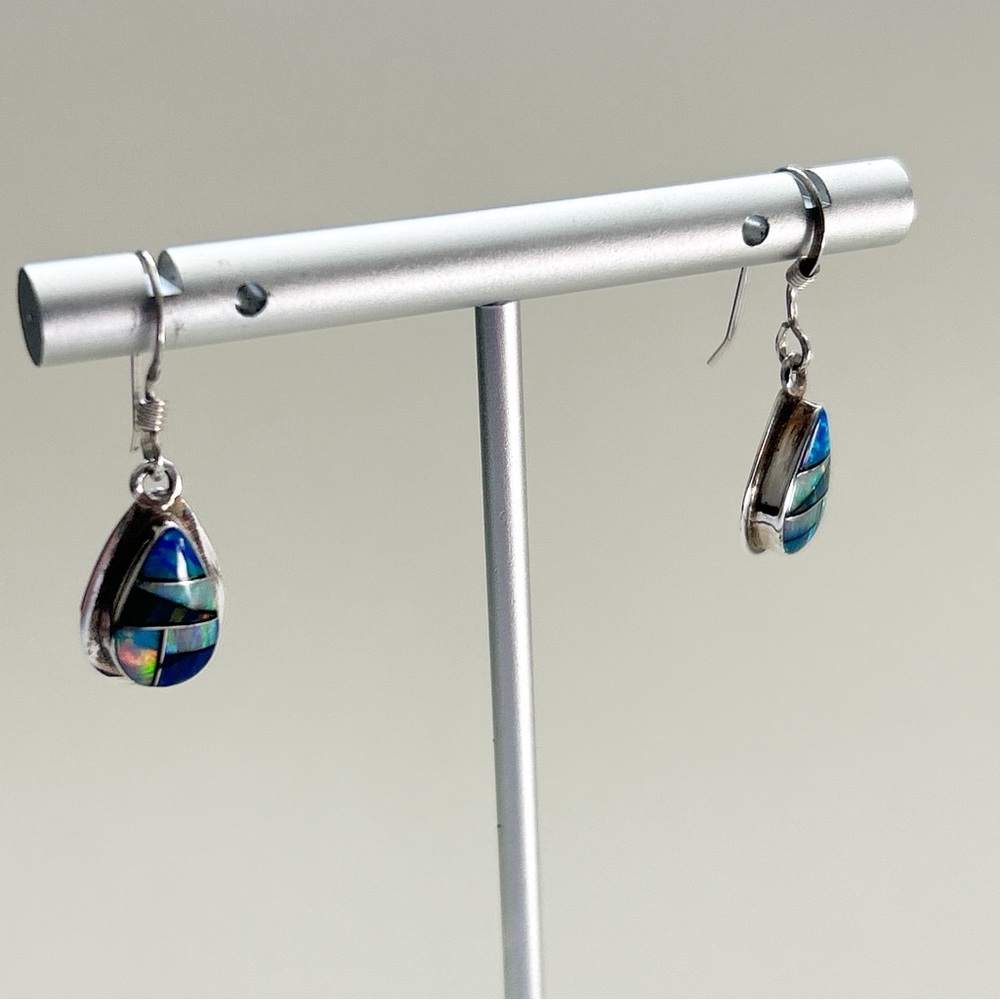 Signed Southwestern Opal Inlay Sterling Silver Teardrop Earrings - Picture 8 of 10